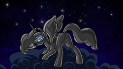Size: 2500x1406 | Tagged: safe, artist:illuminatiums, edit, editor:anonymous, imported from derpibooru, princess luna, alicorn, pony, /mlp/, /mlp/ latex requests, background, blushing, butt, cloud, gas mask, hazmat suit, latex, latex suit, looking at you, looking back, looking back at you, mask, moonbutt, on a cloud, plot, rubber suit, solo, sweat