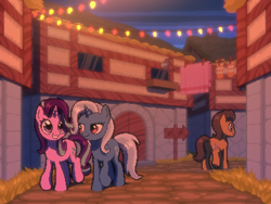 Size: 800x600 | Tagged: safe, artist:rangelost, imported from derpibooru, caramel, starlight glimmer, trixie, earth pony, pony, unicorn, cyoa:d20 pony, clothes line, cyoa, offscreen character, pixel art, sign, story included, string lights, town
