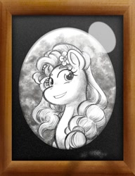 Size: 720x937 | Tagged: safe, artist:texasuberalles, imported from derpibooru, pear butter, earth pony, pony, bust, female, flower, flower in hair, looking at you, mare, mother's day, pencil drawing, picture frame, portrait, smiling, solo, traditional art