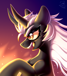 Size: 3000x3400 | Tagged: safe, artist:rtootb, imported from derpibooru, oc, oc only, hybrid, pony, angry, art trade, dynamic pose, ears back, fangs, female, fire, fireplace, halfbody, horns, hybrid oc, lineart, looking at someone, mare, open mouth, screaming, shading, simple background, solo, trade, white mane, yellow eyes