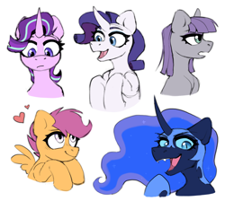 Size: 2096x1882 | Tagged: safe, artist:rtootb, imported from derpibooru, maud pie, nightmare moon, rarity, scootaloo, starlight glimmer, alicorn, earth pony, pegasus, pony, unicorn, bust, curved horn, cute, cutealoo, digital art, evil laugh, female, filly, foal, g4, happy, heart, hooves, horn, laughing, looking at someone, looking at you, looking down, looking up, mare, open mouth, portrait, simple background, sketch, smiling, white background