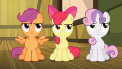 Size: 1920x1080 | Tagged: safe, imported from derpibooru, screencap, apple bloom, scootaloo, sweetie belle, earth pony, pegasus, pony, unicorn, somepony to watch over me, apple bloom's bow, bow, cutie mark crusaders, female, filly, foal, hair bow, sitting, trio