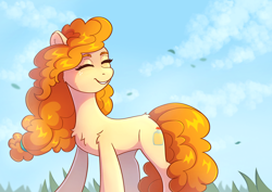 Size: 3508x2480 | Tagged: safe, artist:skysorbett, imported from derpibooru, pear butter, earth pony, pony, cute, eyes closed, female, grass, mare, pearabetes, smiling, solo