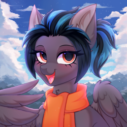 Size: 4000x4000 | Tagged: safe, artist:pesty_skillengton, imported from derpibooru, oc, oc only, pegasus, pony, clothes, ear fluff, female, mare, mountain, open mouth, pegasus oc, scarf, sketch, solo