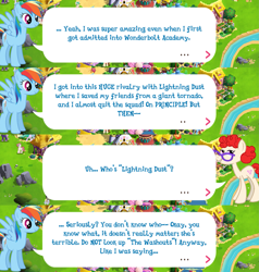 Size: 2045x2149 | Tagged: safe, imported from derpibooru, rainbow dash, twist, pegasus, pony, dialogue, dialogue box, english, event, female, gameloft, glasses, implied lightning dust, mare, mobile game, my little pony: magic princess, official, older twist, speech bubble, spread wings, text, wings