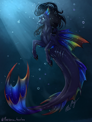 Size: 1300x1731 | Tagged: safe, artist:witch house, imported from derpibooru, oc, oc only, hybrid, merpony, pony, sea pony, seapony (g4), beautiful, black mane, blank eyes, blue tail, bubble, crepuscular rays, digital art, dorsal fin, fin, fins, fish tail, flowing mane, flowing tail, gills, high res, male, ocean, requested art, seapony oc, signature, solo, stallion, sunlight, swimming, tail, underwater, water
