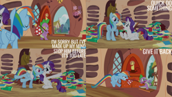 Size: 2000x1125 | Tagged: safe, edit, edited screencap, editor:quoterific, imported from derpibooru, screencap, rainbow dash, rarity, spike, dragon quest, bindle, book, golden oaks library
