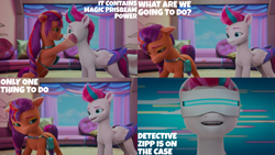 Size: 2000x1125 | Tagged: safe, edit, edited screencap, editor:quoterific, imported from derpibooru, screencap, sunny starscout, zipp storm, earth pony, pegasus, pony, spoiler:my little pony: make your mark, spoiler:my little pony: make your mark chapter 2, spoiler:myms01e07, bag, bipedal, bipedal leaning, coat markings, detective zipp, duo, duo female, female, fluttershy's cutie mark, g5, hoof done it?, hoof heart, hooves on face, leaning, mare, my little pony: make your mark, my little pony: make your mark chapter 2, nose to nose, open mouth, open smile, rad-visor, rainbow dash's cutie mark, sad, saddle bag, smiling, socks (coat markings), sunny sadscout, twilight sparkle's cutie mark, underhoof, unshorn fetlocks, worried