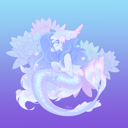 Size: 1700x1700 | Tagged: safe, artist:taizger, imported from derpibooru, oc, oc only, hybrid, merpony, seapony (g4), blue background, blue eyes, blue mane, colored pupils, crepuscular rays, cute, digital art, eyelashes, eyeshadow, female, fish tail, floppy ears, flower, flower in hair, flowing mane, gradient background, lidded eyes, looking at you, makeup, mare, mermaid tail, mermay, ocean, signature, smiling, smiling at you, solo, sunlight, swimming, tail, underwater, unshorn fetlocks, water