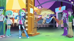 Size: 3072x1727 | Tagged: safe, imported from derpibooru, screencap, applejack, curly winds, rainbow dash, some blue guy, human, equestria girls, perfect day for fun, rainbow rocks, applejack's hat, belt, belt buckle, boots, clothes, cowboy hat, cutie mark on clothes, denim, denim skirt, eyes closed, female, grin, hat, high heel boots, male, night, shoes, skirt, smiling