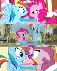 Size: 2458x3072 | Tagged: safe, edit, edited screencap, editor:itsmgh1203, imported from derpibooru, screencap, pinkie pie, rainbow dash, earth pony, pegasus, pony, 28 pranks later, pinkie pride, season 4, season 5, season 6, the lost treasure of griffonstone, duo, duo female, eyebrows, female, floppy ears, flying, mare, open mouth, raised eyebrow, smiling, spread wings, sugarcube corner, text, wings