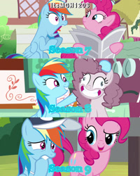 Size: 2458x3072 | Tagged: safe, edit, edited screencap, editor:itsmgh1203, imported from derpibooru, screencap, pinkie pie, rainbow dash, earth pony, pegasus, pony, 2 4 6 greaaat, daring done?, season 7, season 8, season 9, yakity-sax, spoiler:s08, spoiler:s09, bench, duo, duo female, female, grin, mare, newspaper, open mouth, open smile, smiling, sugarcube corner, text