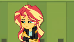Size: 3072x1727 | Tagged: safe, imported from derpibooru, screencap, sunset shimmer, human, equestria girls, friendship games, canterlot high, clothes, female, frown, jacket, leather, leather jacket, lockers, sad, solo, sunsad shimmer