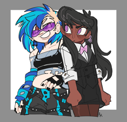 Size: 2048x1954 | Tagged: safe, artist:jiang-she, imported from derpibooru, dj pon-3, octavia melody, vinyl scratch, human, abstract background, bowtie, clothes, dark skin, duo, ear piercing, earring, female, humanized, jewelry, lesbian, piercing, scratchtavia, shipping, suit, vinyl's glasses