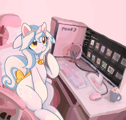 Size: 954x911 | Tagged: safe, artist:muffinz, imported from derpibooru, oc, oc only, oc:snowie, pony, unicorn, bell, bell collar, bow, cat ears, chair, collar, commission, gamer, gaming chair, gaming headset, headset, office chair, solo, striped mane, tail, tail bow