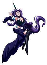 Size: 3430x4659 | Tagged: safe, alternate version, artist:mauroz, imported from derpibooru, nightmare rarity, human, anime, anime style, breasts, busty nightmare rarity, cleavage, clothes, high res, humanized, open mouth, shoes, simple background, solo, stockings, thigh highs, transparent background