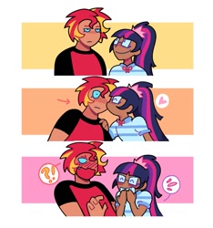 Size: 1123x1200 | Tagged: safe, artist:poppyr0ckz, imported from derpibooru, sci-twi, sunset shimmer, twilight sparkle, human, blushing, comic, female, happy, heart, humanized, kissing, rule 63, scitwishimmer, shipping, sunglare, sunsetsparkle