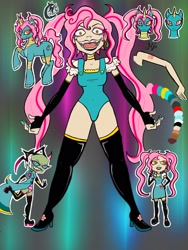 Size: 1620x2160 | Tagged: safe, artist:weegeepie-nightring, imported from derpibooru, oc, oc only, oc:nightring, alien, human, apron, boots, cape, choker, clothes, coat, creepy, dress, ear piercing, earring, evening gloves, eyeshadow, fangs, female, fingerless elbow gloves, fingerless gloves, gloves, grin, high heel boots, humanized, humanized oc, invader zim, irken, jewelry, lipstick, long gloves, makeup, mare, markings, nail polish, non-mlp oc, open mouth, piercing, reference sheet, shoes, smiling, solo, tattoo, thigh boots, unshorn fetlocks