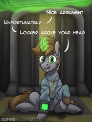Size: 3000x4000 | Tagged: safe, artist:luckynb, imported from derpibooru, oc, oc only, oc:littlepip, pony, unicorn, fallout equestria, dialogue, fanfic art, levitation, looking at you, magic, offscreen character, open mouth, open smile, pipbuck, pov, smiling, telekinesis