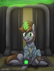 Size: 3000x4000 | Tagged: safe, alternate version, artist:luckynb, imported from derpibooru, oc, oc only, oc:littlepip, pony, unicorn, fallout equestria, levitation, looking at you, magic, offscreen character, open mouth, open smile, pipbuck, pov, smiling, telekinesis, textless version