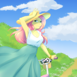 Size: 1920x1920 | Tagged: safe, artist:likri, imported from derpibooru, fluttershy, anthro, pegasus, basket, bicycle, bracelet, breasts, busty fluttershy, cleavage, clothes, cloud, cute, day, dress, eyebrows, eyelashes, female, fingernails, flower, hat, hill, jewelry, lidded eyes, long hair, looking at you, nostrils, outdoors, pink hair, shyabetes, snout, solo, summer, sun hat, sundress, trail