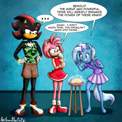 Size: 3500x3500 | Tagged: safe, artist:anibaruthecat, imported from derpibooru, trixie, anthro, hedgehog, plantigrade anthro, unguligrade anthro, unicorn, amy rose, breasts, child, clothes, crossover, dialogue, eyebrows, eyelashes, g4, power rings, shadow the hedgehog, sonic the hedgehog (series), speech bubble, stool, tongue out, younger