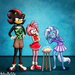 Size: 3500x3500 | Tagged: safe, alternate version, artist:anibaruthecat, imported from derpibooru, trixie, anthro, hedgehog, unguligrade anthro, unicorn, amy rose, breasts, child, clothes, crossover, eyebrows, eyelashes, g4, no dialogue, power rings, shadow the hedgehog, sleeveless, sonic the hedgehog (series), stool, textless version, tongue out, younger