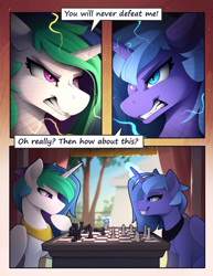 Size: 1930x2500 | Tagged: safe, artist:yakovlev-vad, imported from derpibooru, princess celestia, princess luna, alicorn, pony, angry, bait and switch, chess, chessboard, comic, female, glowing, glowing horn, grin, gritted teeth, horn, jewelry, looking at each other, looking at someone, magic, mare, regalia, royal sisters, s1 luna, sibling rivalry, siblings, sisters, smiling, smirk, teeth, telekinesis, wings