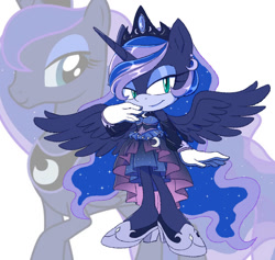 Size: 918x871 | Tagged: safe, artist:kanayanga, imported from derpibooru, princess luna, alicorn, anthro, ear piercing, earring, high heels, jewelry, looking at you, mobian, piercing, shoes, smiling, sonic the hedgehog (series), sonicified, spread wings, wings