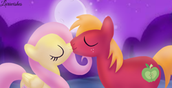 Size: 1980x1020 | Tagged: safe, artist:mlplary6, imported from derpibooru, big macintosh, fluttershy, earth pony, pegasus, pony, eyes closed, female, fluttermac, kissing, love, male, mare, moon, moonlight, romantic, shipping, stallion, straight