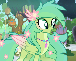 Size: 1355x1080 | Tagged: safe, artist:cstrawberrymilk, imported from derpibooru, oc, oc:zinnia, classical hippogriff, hippogriff, colored wings, cute, eyeshadow, female, flower, flower in hair, flower in tail, freckles, green, green eyes, green eyeshadow, green feathers, green hair, green tail, hippogriff oc, jewelry, looking right, makeup, mount aris, necklace, seashell, solo, tail, two toned wings, wings