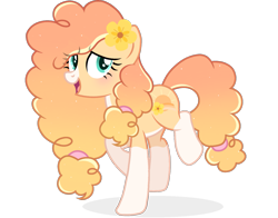 Size: 1379x1080 | Tagged: safe, alternate version, artist:cstrawberrymilk, imported from derpibooru, oc, oc:sunrise butter, earth pony, pony, blushing, coat markings, eye clipping through hair, facial markings, female, flower, flower in hair, full body, gradient mane, gradient tail, looking at you, mare, not pear butter, open mouth, open smile, pale belly, show accurate, simple background, smiling, smiling at you, snip (coat marking), socks (coat markings), solo, tail, transparent background, walking