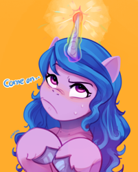 Size: 2416x3012 | Tagged: safe, artist:maren, imported from derpibooru, izzy moonbow, pony, unicorn, female, frown, g5, glowing, glowing horn, horn, mare, simple background, sweat