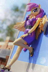 Size: 2160x3240 | Tagged: safe, artist:shadowboltsfm, imported from derpibooru, scootaloo, anthro, plantigrade anthro, 3d, adorasexy, anklet, blender, bracelet, breasts, clothes, cute, cutealoo, dress, eyeshadow, feet, female, high heels, high res, jewelry, leaning on wall, lipstick, looking at you, makeup, nail polish, not sfm, older, older scootaloo, ponytail, sandals, sexy, shoes, smiling, wings