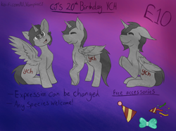 Size: 4000x2972 | Tagged: safe, artist:lil_vampirecj, imported from derpibooru, pony, any species, birthday, bow, commission, commissions open, glitter, gradient background, hat, open, party hat, party popper, your character here