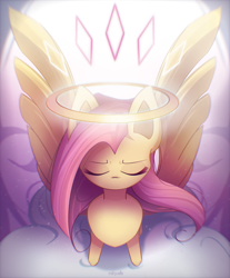 Size: 1900x2300 | Tagged: safe, artist:miryelis, imported from derpibooru, fluttershy, pegasus, pony, big ears, cloud, eyes closed, halo, long hair, perspective, solo, spread wings, standing, wings