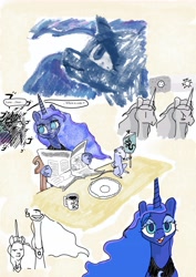 Size: 4961x7016 | Tagged: safe, artist:maso, imported from derpibooru, princess celestia, princess luna, tiberius, newspaper, princess necklestia, sketch