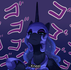 Size: 2393x2346 | Tagged: safe, artist:maren, imported from derpibooru, nightmare moon, alicorn, pony, female, frown, glare, gradient background, jojo reference, jojo's bizarre adventure, mare, menacing, pointing, purple background, raised hoof, simple background, solo, ゴ ゴ ゴ