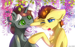 Size: 2865x1794 | Tagged: safe, alternate version, artist:yuris, imported from derpibooru, oc, oc:proud, oc:silver prose, earth pony, pony, unicorn, biting, chest fluff, commission, duo, ear bite, ears back, ears up, female, flower, leaves, male, open mouth, simple background, smiling, white background, wisteria, ych result, your character here