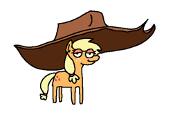 Size: 1602x1047 | Tagged: safe, artist:punkittdev, imported from derpibooru, applejack, earth pony, pony, cowboy hat, female, giant hat, hat, impossibly large hat, lidded eyes, looking at you, mare, simple background, smiling, smiling at you, solo, white background