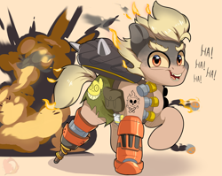 Size: 2113x1682 | Tagged: safe, artist:joaothejohn, imported from derpibooru, pony, bomb, explosion, fanart, junkrat, looking at you, maniacal laugh, overwatch, ponified, running, simple background, solo, text, weapon