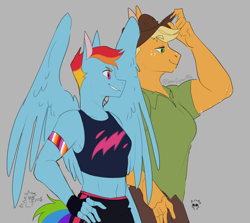 Size: 848x757 | Tagged: safe, artist:superduperath, imported from derpibooru, applejack, rainbow dash, anthro, earth pony, pegasus, armband, female, midriff, muscles, muscular female, pride flag, smiling