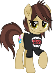 Size: 846x1165 | Tagged: safe, artist:lightningbolt, derpibooru exclusive, imported from derpibooru, earth pony, pony, .svg available, clothes, colored pupils, lidded eyes, looking at you, male, movie accurate, panic! at the disco, ponified, raised hoof, ryan ross, shirt, simple background, solo, stallion, standing, svg, t-shirt, transparent background, vector