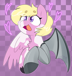 Size: 1588x1664 | Tagged: safe, artist:2k.bugbytes, imported from derpibooru, oc, oc only, pegasus, pony, abstract background, amputee, artificial wings, augmented, blonde, bust, chest fluff, coat markings, female, floating heart, happy, heart, mare, open mouth, pink coat, prosthetic limb, prosthetic wing, prosthetics, purple eyes, smiling, solo, spread wings, unshorn fetlocks, wings