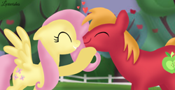 Size: 1980x1020 | Tagged: safe, artist:mlplary6, imported from derpibooru, big macintosh, fluttershy, earth pony, pegasus, pony, eyes closed, female, fluttermac, heart, love, male, mare, shipping, smiling, stallion, straight, sweet apple acres, tree
