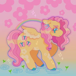 Size: 1440x1440 | Tagged: safe, artist:ariariari.png, imported from derpibooru, fluttershy, pegasus, pony, partially submerged, rainbow, solo, spread wings, standing in water, teary eyes, water, wings