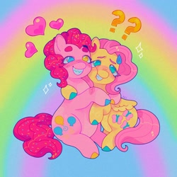 Size: 1440x1440 | Tagged: safe, artist:ariariari.png, imported from derpibooru, fluttershy, pinkie pie, earth pony, pegasus, pony, colored hooves, duo, female, flutterpie, heart, hug, lesbian, question mark, shipping, sweat, sweatdrop
