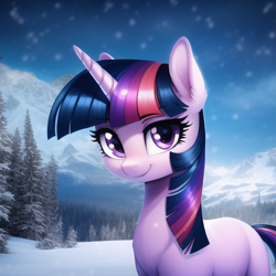 Size: 640x640 | Tagged: safe, imported from derpibooru, twilight sparkle, pony, unicorn, ai content, ai generated, cute, female, generator:novelai, generator:stable diffusion, horn, looking at you, mare, missing cutie mark, mountain, outdoors, prompter:endless--, smiling, smiling at you, snow, snowfall, solo, standing, tail, tree, winter