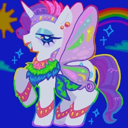 Size: 1080x1080 | Tagged: safe, artist:ariariari.png, imported from derpibooru, rarity, pony, unicorn, butterfly wings, cloud, eyeshadow, lipstick, makeup, rainbow, sky, wings