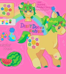 Size: 1440x1631 | Tagged: safe, artist:ariariari.png, imported from derpibooru, oc, oc only, oc:dazey doo, pony, unicorn, alternate versions at source, colored hooves, food, ponysona, pronouns, reference sheet, solo, watermelon